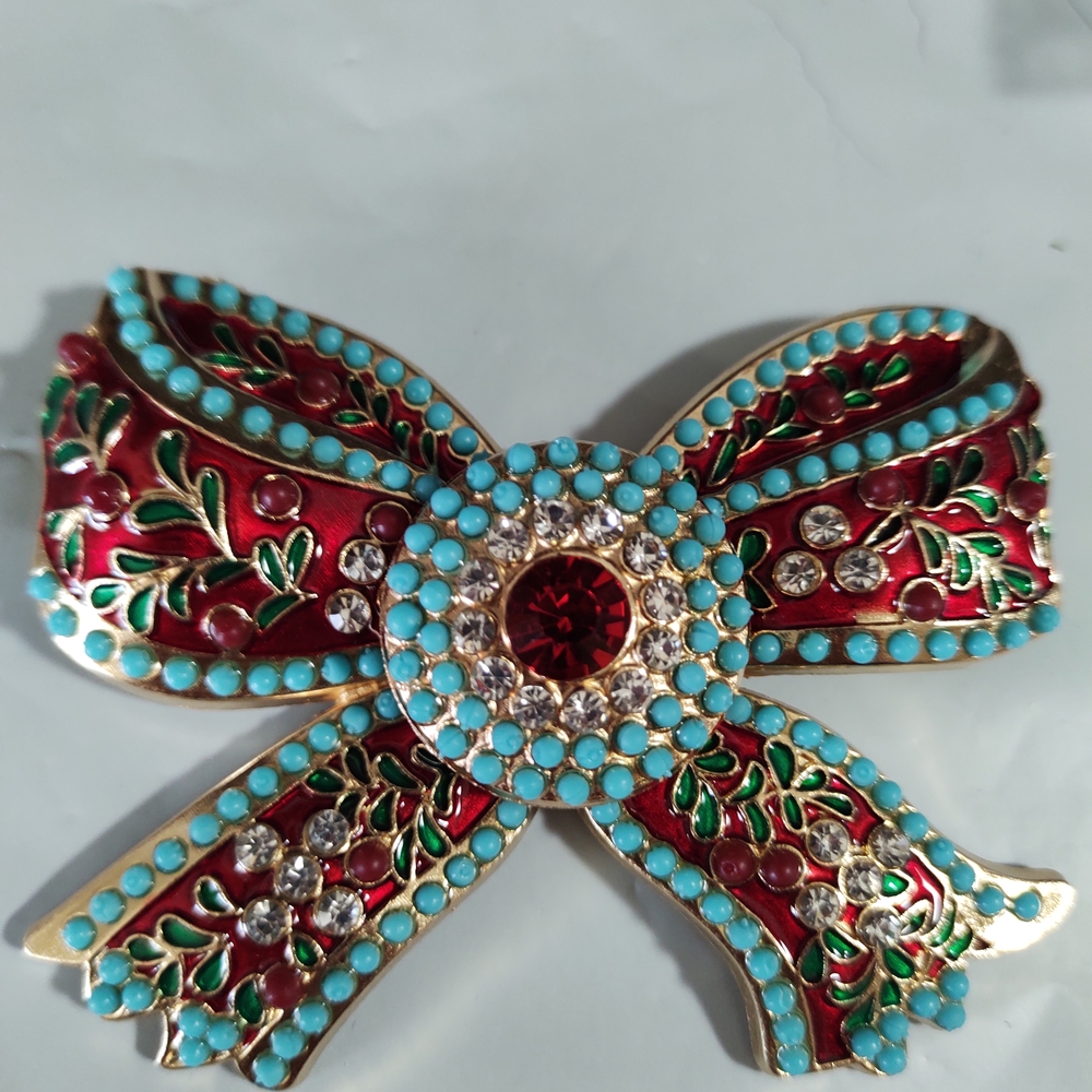 Red and Turquoise Beaded Enamel Bow Brooch